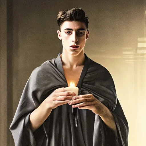 Prompt: attractive kai havertz wearing monk robes holding candlestick. natural lighting by ruan jia, portrait