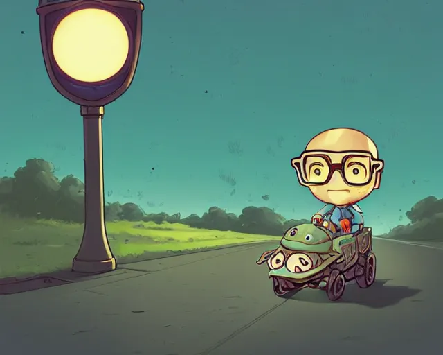 Prompt: cell shaded cartoon of an adorable nerdy chibi turtle boy with a robot head and glasses on a country road, street lamps, subtle colors, post grunge, concept art by josan gonzales and wlop, by james jean, victo ngai, david rubin, mike mignola, deviantart, art by artgem