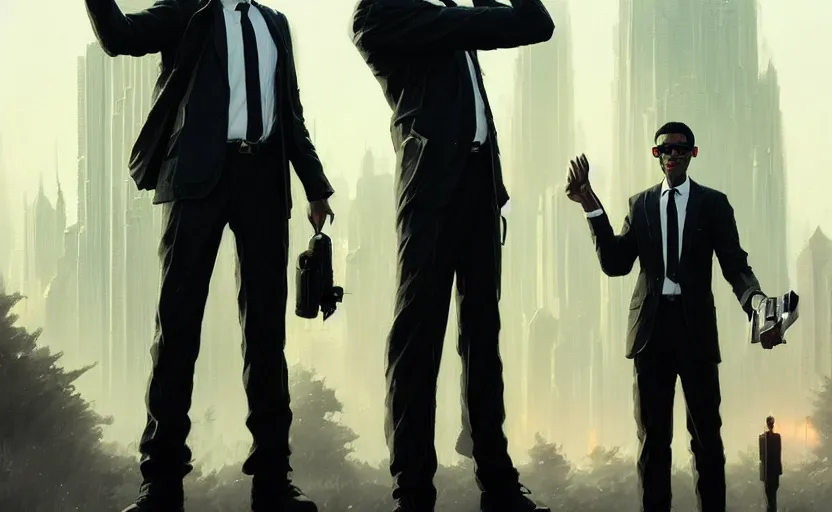 Image similar to highly detailed portrait of men in black, in resident alien, stephen bliss, unreal engine, fantasy art by greg rutkowski, loish, rhads, ferdinand knab, makoto shinkai and lois van baarle, ilya kuvshinov, rossdraws, tom bagshaw, global illumination, radiant light, detailed and intricate environment