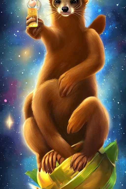 Prompt: giant pine marten in space holding a planet, digital art, trending on artstation