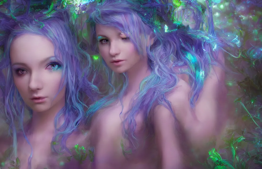 Image similar to beautiful fairie girl with flowing blue hair ( accurate facial details ) ( accurate body details ), walking through a bioluminescent magical forest, magical, dreamy, cinematic lighting, beautiful lighting, hyperdetailed 4 k artstation