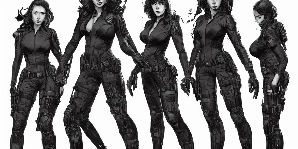 Image similar to black widow, character sheet, concept design, contrast, kim jung gi, greg rutkowski, zabrocki, karlkka, jayison devadas, trending on artstation, 8 k, ultra wide angle, pincushion lens effect