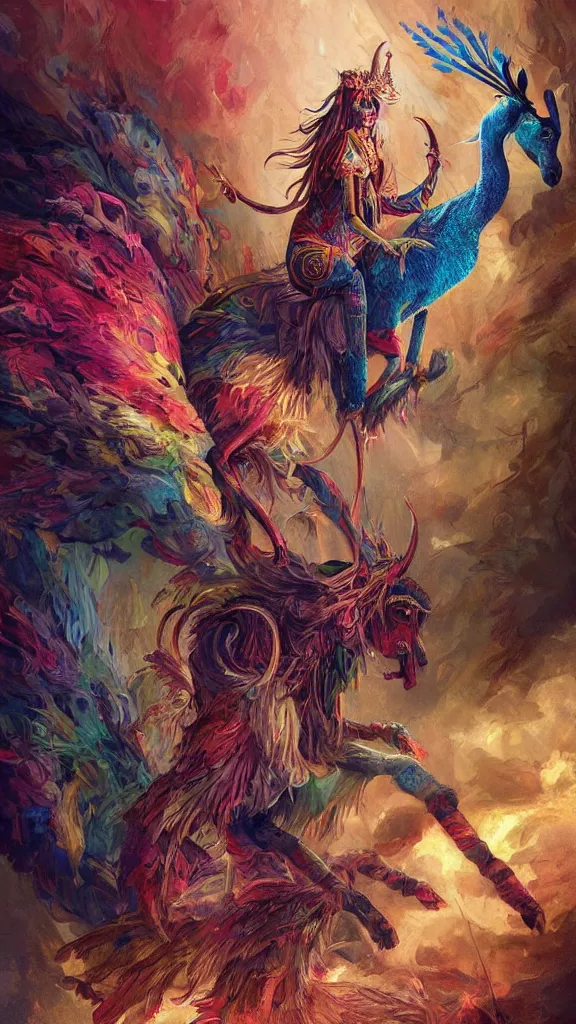 Prompt: painting of a beautiful rendition of the mythical adramelech, fabulous demon with, with the features of a person, a donkey, and a peacock 🦚, illustration, artistic, colorful, hyper detailed, in the style of greg rutkowski,