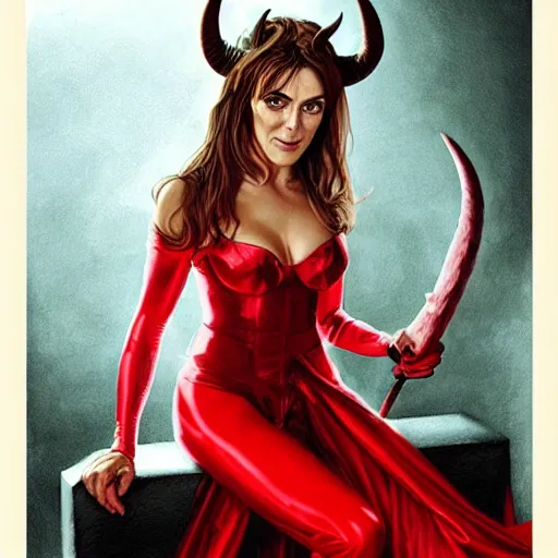 Prompt: illustrated realistic portrait of young Elizabeth Hurley as the Devil with horns wearing red flaming silk by rossdraws