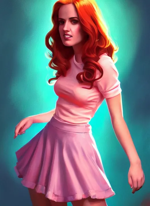 Image similar to full body portrait of teenage cheryl blossom, bangs, green eyes, sultry expression, red hair, sultry smirk, bangs and wavy hair, pink skirt, intricate, elegant, glowing lights, highly detailed, digital painting, artstation, concept art, smooth, sharp focus, illustration, art by wlop, mars ravelo and greg rutkowski