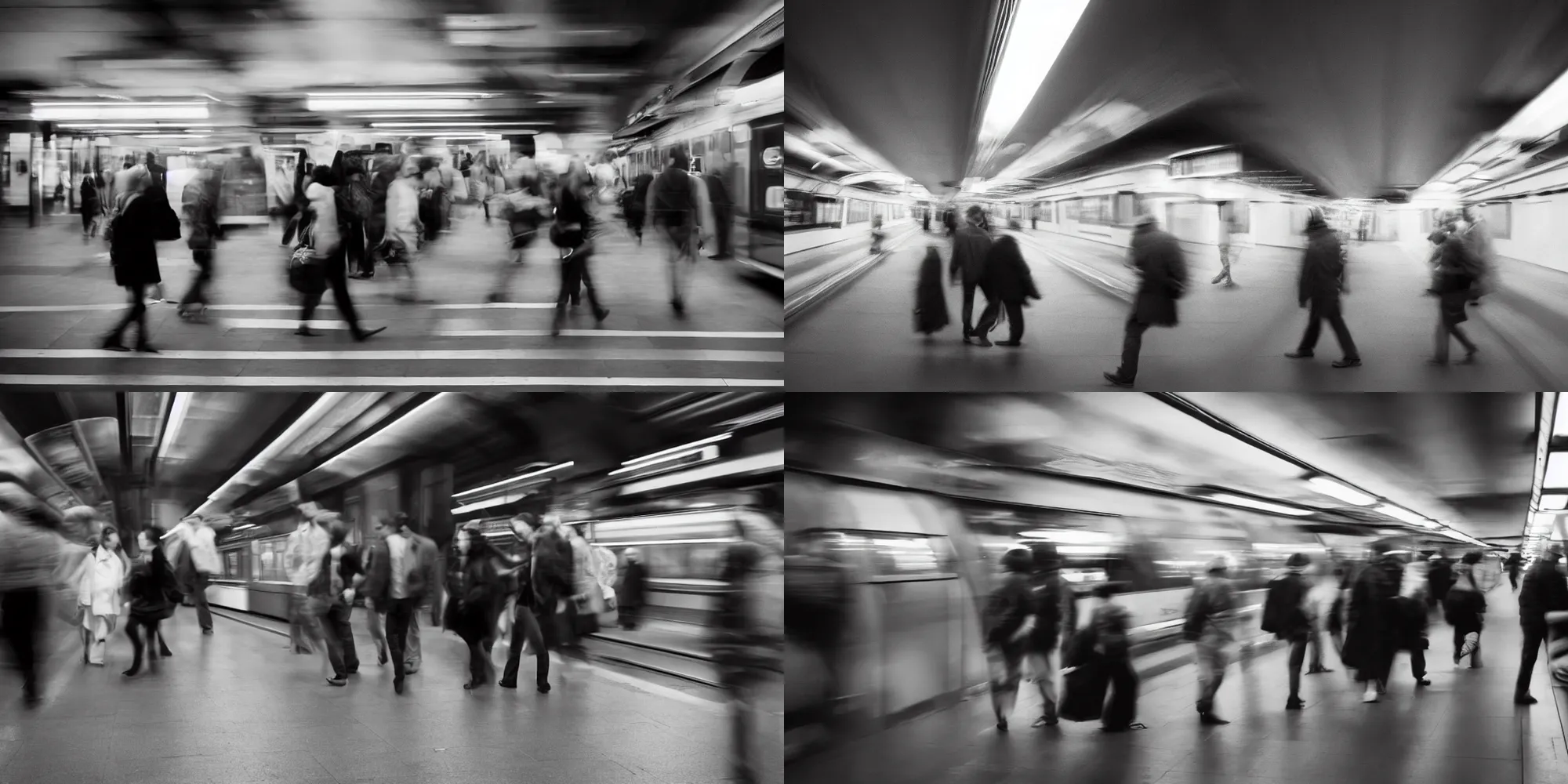 Prompt: multiple people walking in the city by richard avedon. subway. street photography. black and white. ilford delta. long exposure, motion blur.