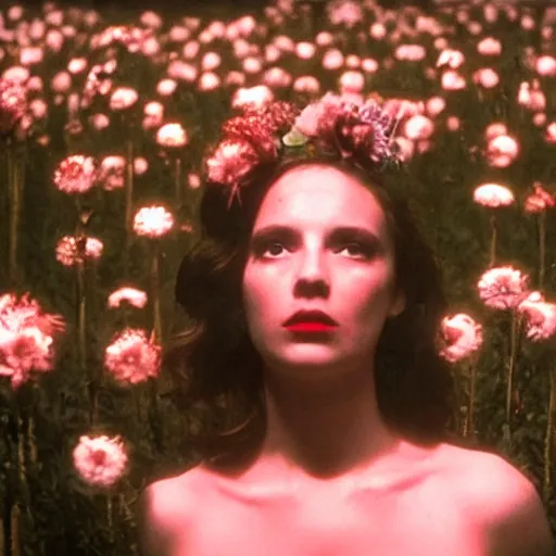 Image similar to movie still of the girl with the flowers head, cinematic composition, cinematic light, by edgar wright and david lynch