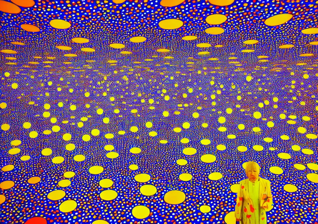 Prompt: Yayoi Kusama. Room with mirrors and colorful dots, a japanese woman with a blue dress standing inside. Ultra detailed. Hyperrealistic