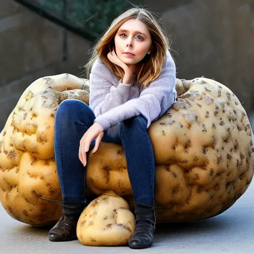 Prompt: elizabeth olsen sitting in a hollowed out potato, elizabeth olsen in a potato suit, on the walkway