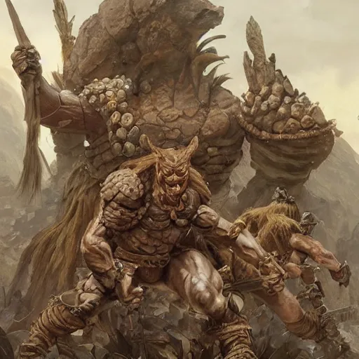 Image similar to muscular ogre - like fierce warrior with tree - bark skin wearing intricate stone and wood armor, towering above a group of soldiers, battlefield, highly detailed, digital painting, artstation, concept art, smooth, sharp focus, illustration, art by artgerm and greg rutkowski and alphonse mucha