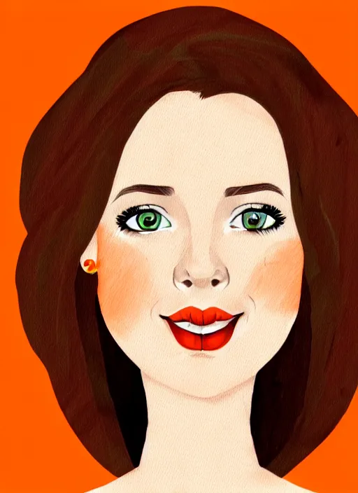 Image similar to colorful drawing of a young white woman with brown hair and scarlet lips, happy and cartoonish background, by tokenin, by glitchedpuppet, gradient orange, black, cream, brown and white color scheme, trending in artstation, award winning illustration