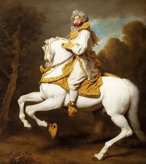 Prompt: a painting of a man riding a white horse, a flemish baroque by elisabeth vigee le brun, behance, rococo, rococo, flemish baroque, dutch golden age