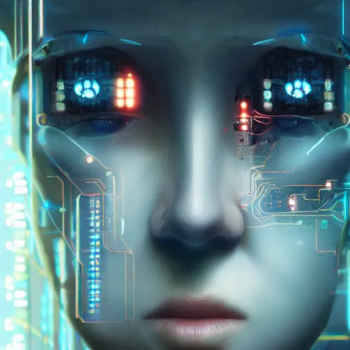 Image similar to a face covered in computer circuits, scifi, bladerunner, cyberpunk, very detailed eyes, 8 k resolution, by wlop, greg rutkowski