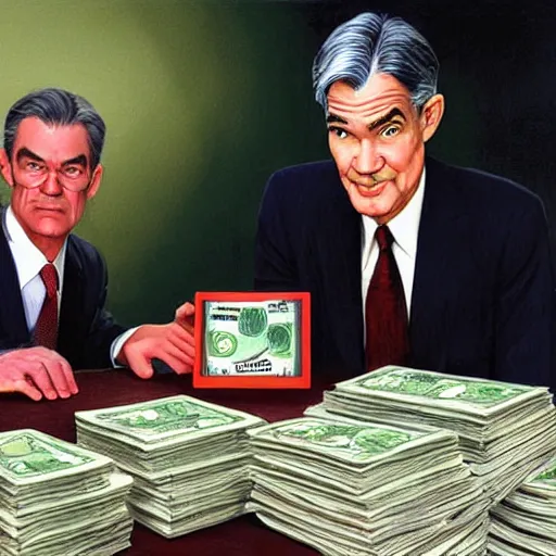 Prompt: jerome powell with a money printer by alex ross
