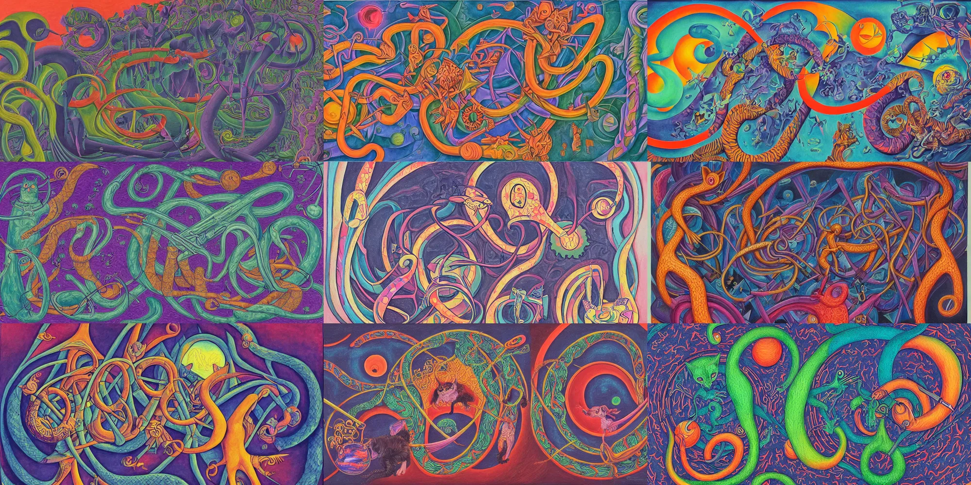 Prompt: a detailed gouache painting of a magick cat occult effigy that is a crescent shaped atomic latent spaces in between autobiological cybernetic resurgence of snake phonkadelic inspirations in the style of escher, alex grey, kubrick inspired by surrealism, symbolism, and dark fantasy