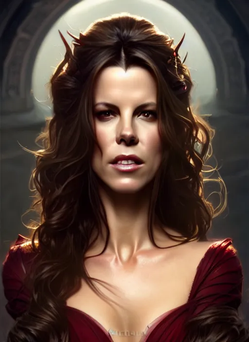 Image similar to portrait of kate beckinsale as a vampire queen, jewelry, greek, ruby, intricate, headshot, highly detailed, digital painting, artstation, concept art, sharp focus, cinematic lighting, illustration, art by artgerm and greg rutkowski, alphonse mucha, cgsociety