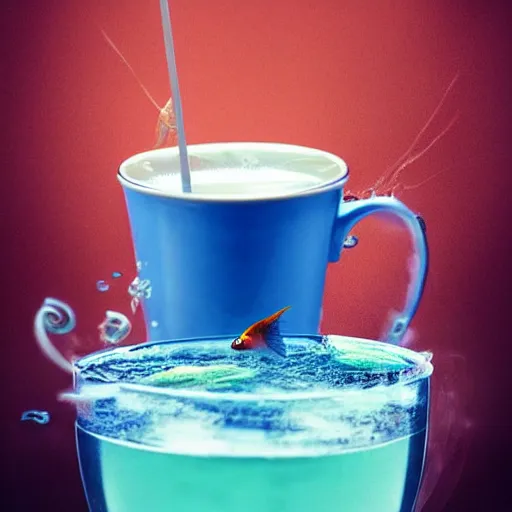 Image similar to photomanipulation of a supernatural fish drinking a cup of tea by a straw.