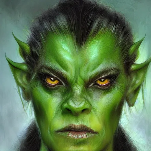 Prompt: character portrait of a green orc female, light green tone beautiful face by jeff legg