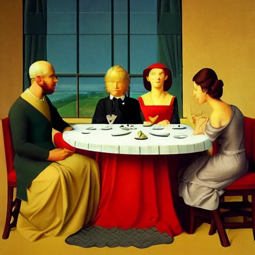 Image similar to a dinner fit for a king by Raphael, Hopper, and Rene Magritte. detailed, romantic, enchanting, trending on artstation.