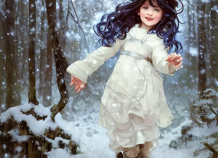 Prompt: A cute little girl with short curly brown hair and blue eyes and a happy expression. She is standing in a snowy forest trying to catch snowflakes. beautiful fantasy art by By Artgerm and Greg Rutkowski and Alphonse Mucha, trending on artstation.