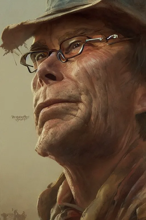 Image similar to Portrait of stephen king as hillbilly, shotgun, village, intricate, highly detailed, smooth, artstation, digital illustration by Ruan Jia and Mandy Jurgens and Artgerm and Wayne Barlowe and Greg Rutkowski and Zdislav Beksinski