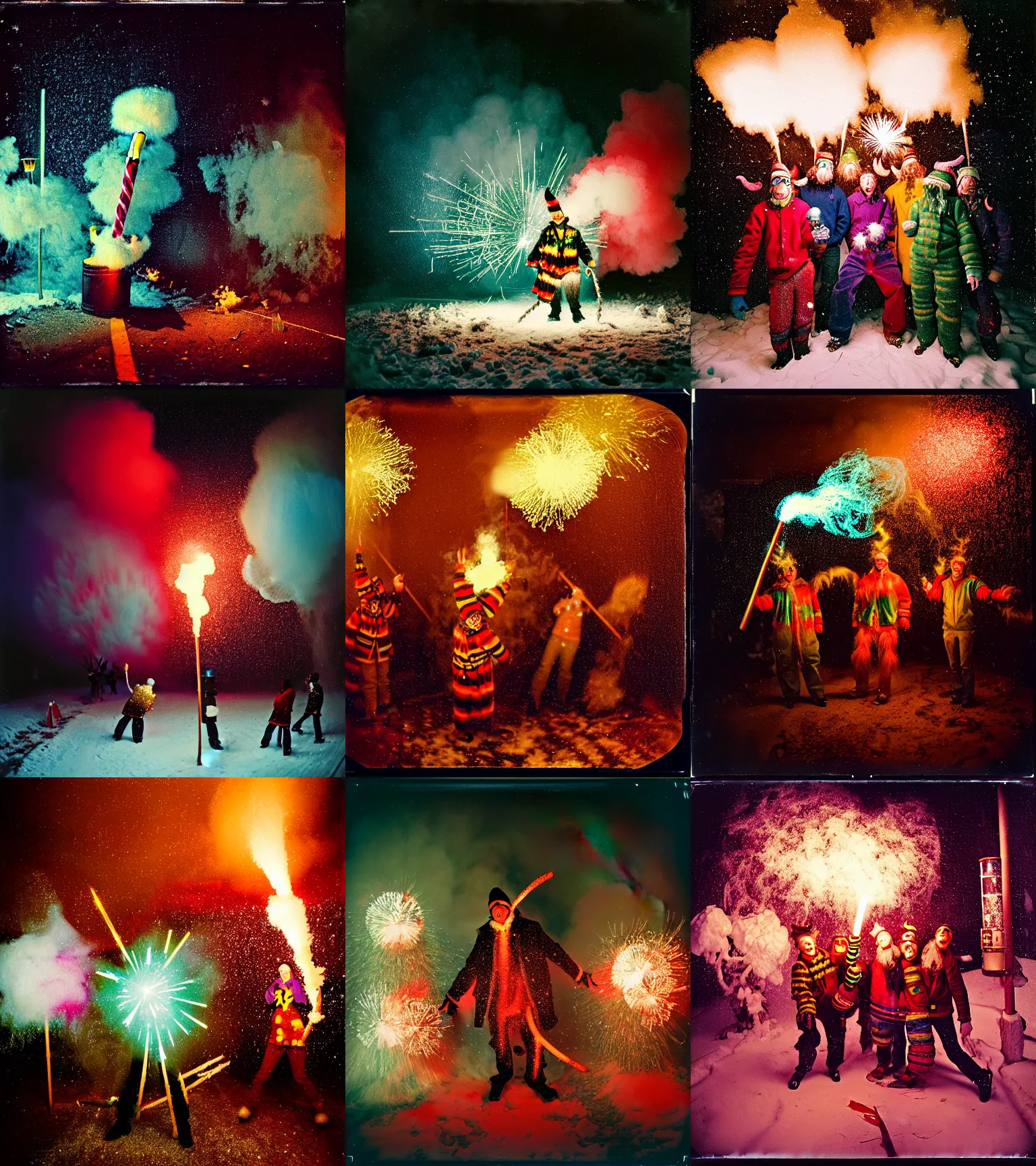 Image similar to kodak portra 4 0 0, wetplate, winter, snowflakes, rainbow coloured rockets, chaos, glitter tornados, award winning dynamic photo of a bunch of hazardous krampus between exploding fire barrels by robert capas, motion blur, in a small pantry at night with colourful pyro fireworks and torches, teal lights