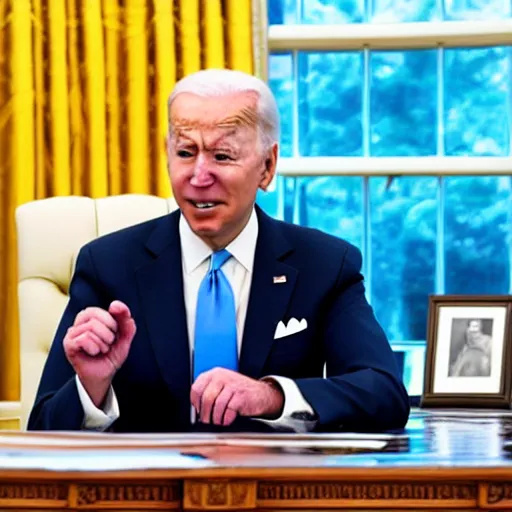 Image similar to joe biden foaming at the mouth, in the oval office, when a 3 d printed ar - 1 5 is shown to him. 4 k, hd, photo taken by press cameras.