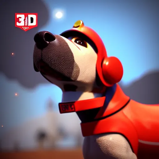 Prompt: fire dog dalmatian, 3 d model, unreal engine, red uniform, badge on collar, fire helmet, 4 k, pixar style, dreamworks style, artstation, octane render, nebula, clouds, starry sky