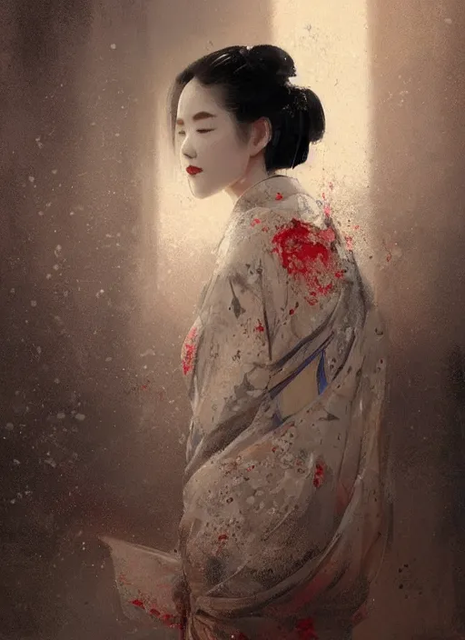 Image similar to female geisha girl, beautiful face, rule of thirds, intricate outfit, spotlight, trypophobia, by greg rutkowski, by jeremy mann