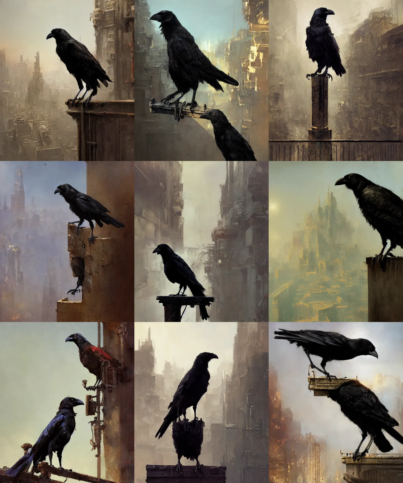 Prompt: front view digital art painting of a crow standing on a metal railing on top of a building painted by craig mullins and gaston bussiere and greg rutkowski, symmetrical face, defined facial features, symmetrical facial features, dramatic lighting