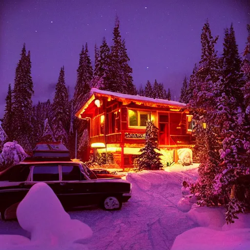 Prompt: view of a snowglobe neighbourhood that is sitting on a table of a cabin at night with stove, ektachrome photo, f8 aperture