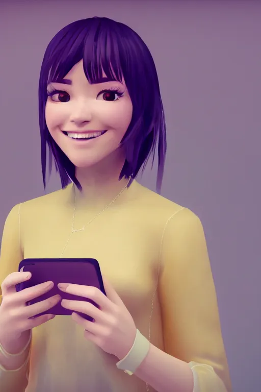 Image similar to a portrait of a beautiful young lady smiling at a text she just received on her smartphone, in style of Ross Tran, beautiful high detail, cinematic, 8k resolution, trending on artstation trending, octane render, unreal engine