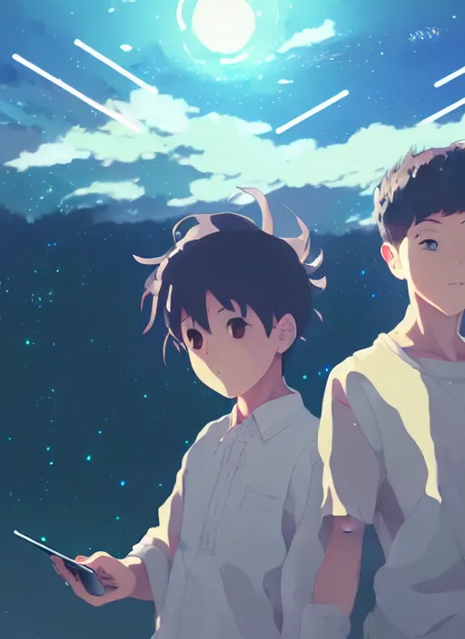 Prompt: boy and girl in jk, having data under sky, illustration concept art anime key visual trending pixiv fanbox by wlop and greg rutkowski and makoto shinkai and studio ghibli