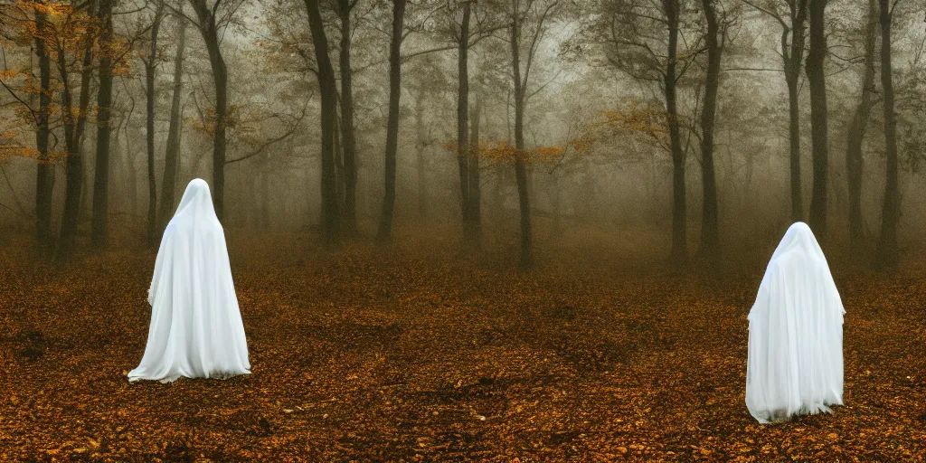 Prompt: a white female ghost in a ominous forest, autumn, 35mm, cinematic atmosphere, mist, photorealistic, depth of field, gloomy