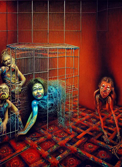 Prompt: realistic detailed photo rendered in octane 3d , of family trapped in a cage in a old detailed soviet apartment with furniture and carpets in the eternal hyperspace of doom, shipibo , by Francis Bacon, by Ayami Kojima, Amano, Karol Bak, Greg Hildebrandt, and Mark Brooks , by Alex Grey. rich deep colors. Beksinski painting, art by Takato Yamamoto. masterpiece.