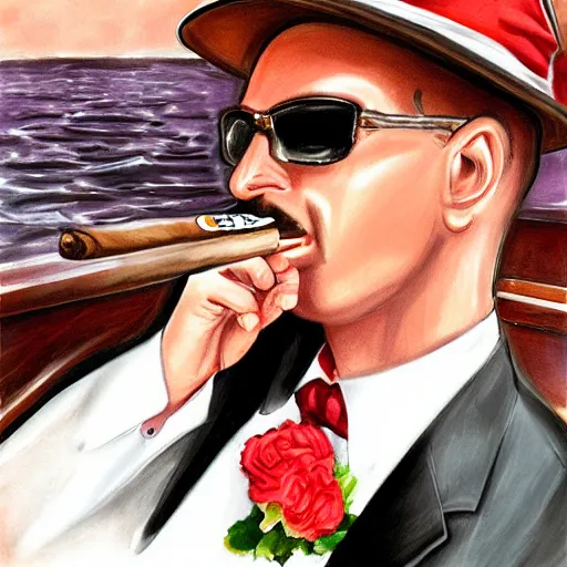 Image similar to a groom smoking a cigar on a large boat. wedding. digital art. highly detailed.