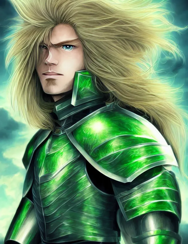 Image similar to a detailed manga portrait of a long haired blonde man with blue eyes in green armour glowing with green energy, trending on artstation, digital art, 4 k resolution, detailed, high quality, sharp focus, hq artwork, coherent, insane detail, character portrait