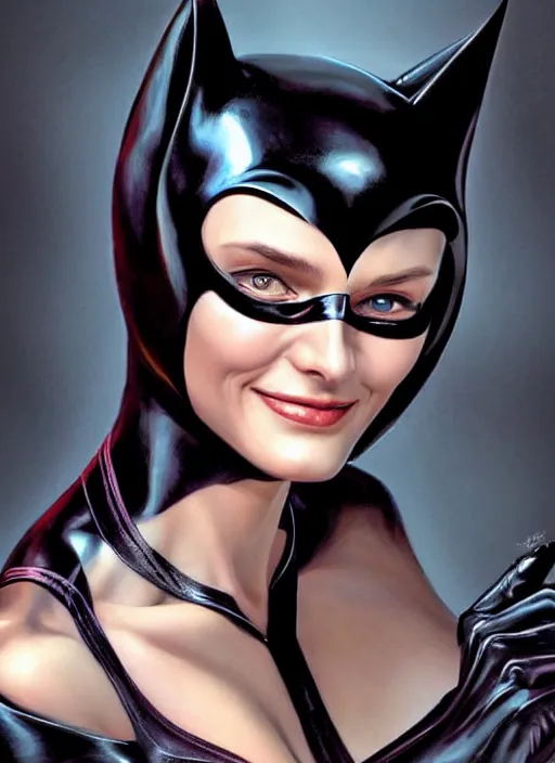 Prompt: A beautiful portrait of a Daria Strokous as Catwoman from Batman with wink and smile, digital art by Eugene de Blaas and Ross Tran, vibrant color scheme, highly detailed, in the style of cinematic, artstation, Greg rutkowski