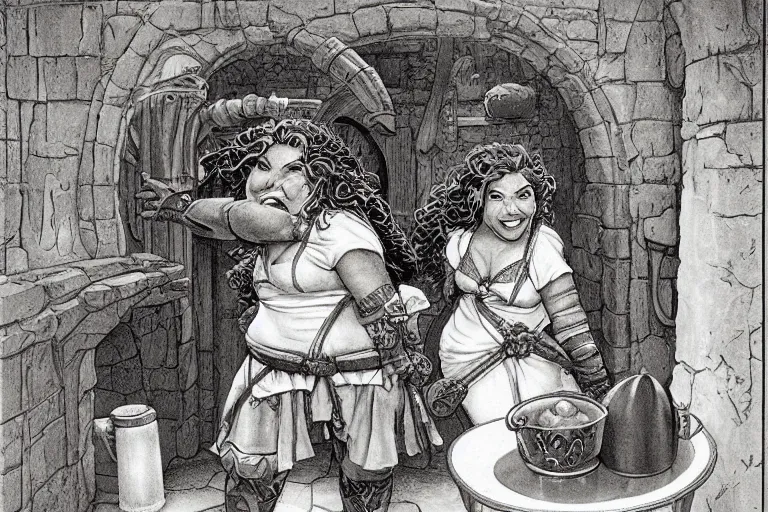 Image similar to a hearty chubby female dwarven cook with big nose and plump rosy cheeks in a kitchen| she is short and stocky | cheerful atmosphere | dungeons and dragons | Jeff easley, larry elmore, ralph horsley