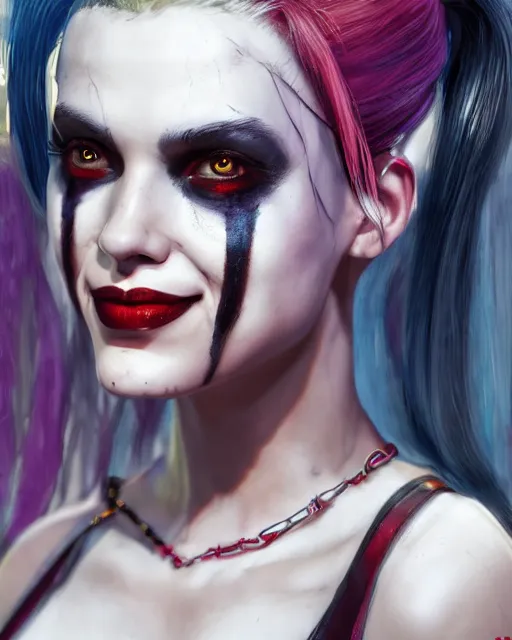 Prompt: harley quinn spider queen portrait, au naturel, hyper detailed, digital art, trending in artstation, cinematic lighting, studio quality, smooth render, unreal engine 5 rendered, octane rendered, art style by klimt and nixeu and ian sprigger and wlop and krenz cushart.