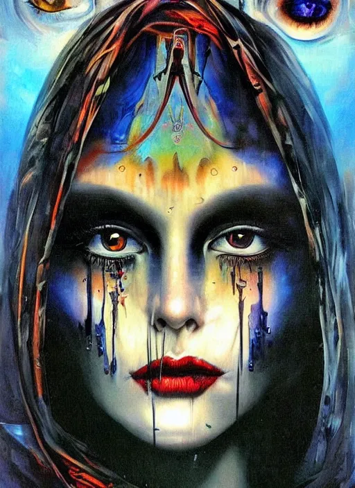 Image similar to gorgeous magic cult psychic woman, painted face, third eye, energetic consciousness psychedelic, epic surrealism expressionism symbolism, story telling, iconic, dark robed, oil painting, symmetrical face, dark myth mythos, by Sandra Chevrier , Bruce Pennington, masterpiece