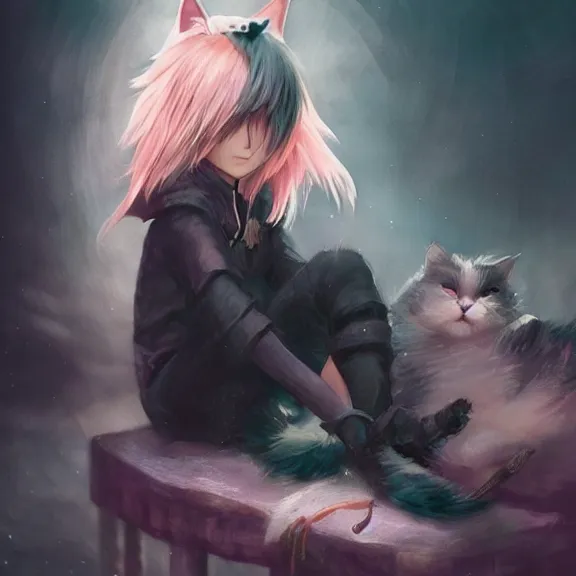 Prompt: emo boy with cat ears and tail sitting, full body, blushing, short smile, fluffy hair covering, fantasy painting, cinematic lightning, highly detailed, trending on Artstation, Unreal Engine 4k, watercolour, pastel, very very very very very very very very beautiful.
