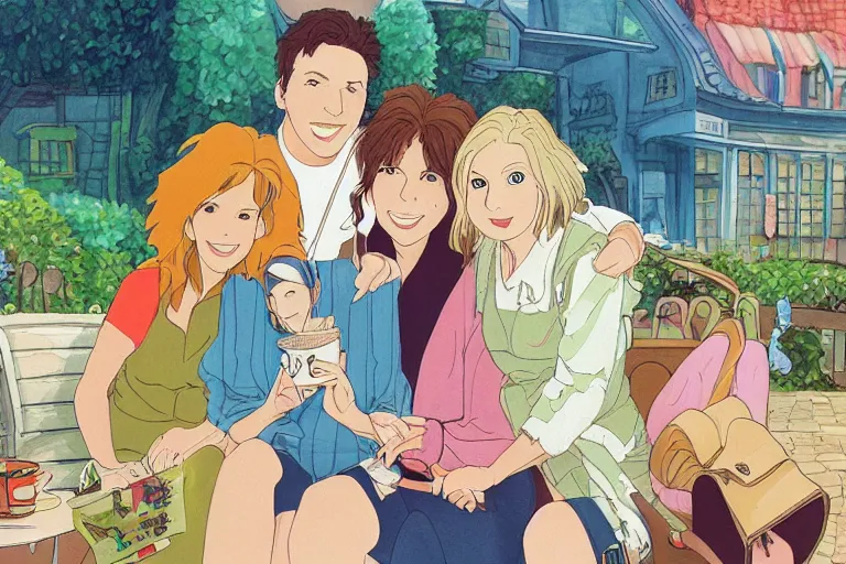 Prompt: Jennifer Saunders on the set of Friends by Studio Ghibli, digital art, illustration, cute