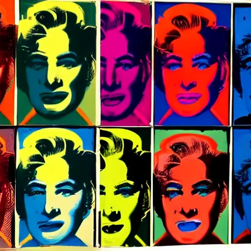 Image similar to old - style cyborg, 6 panels by andy warhol, with highly contrasted colors and an illuminating background