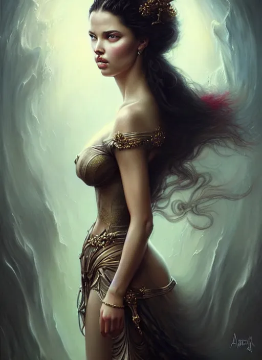 Image similar to a beautiful princess woman with baroque dress, adriana lima, painted by artgerm and tom bagshaw, fantasy art, dramatic lighting, highly detailed oil painting