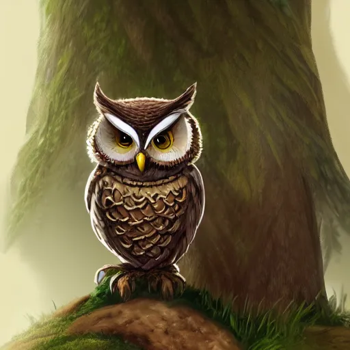 Image similar to A detailed, highly realistic anthropomorphic owl with a viking helmet and round shield standing in front of a tree, an anthropomorphic owl with a fluffy face wearing armor in front of a tree, digital art, artstation