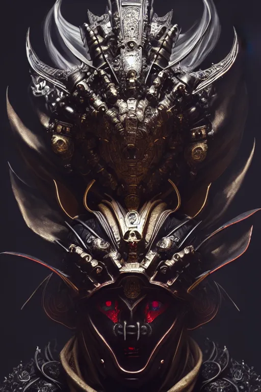 Prompt: asura from chinese myth, ghost, luxurious armor mixed with leather and metal, gothic diablo art, rococo art, cyberpunk, mecha, halfturn portrait of a big crystal face made of crystals half - turn, ominous, intricate, studio, art by anthony macbain + greg rutkowski + alphonse mucha, concept art, 4 k, sharp focus