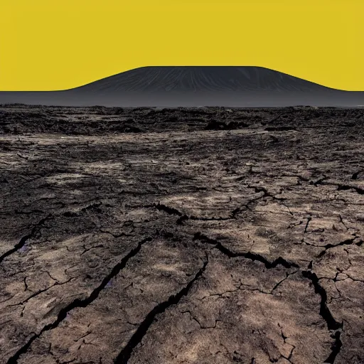 Prompt: view from the surface of a planet with tan dirt with cracks and thick atmosphere blocking the view of the sun and volcanos in the distance with yellow haze