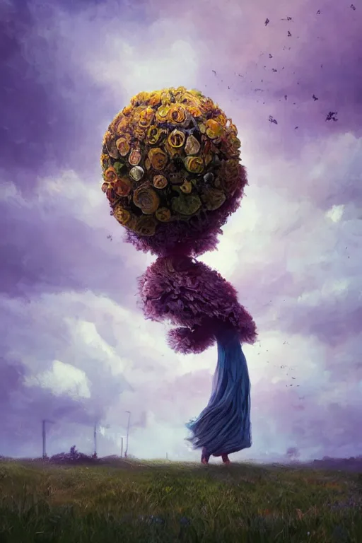 Image similar to portrait, giant flower head, a girl standing on pillar, surreal photography, wind and cold, dramatic sky, impressionist painting, digital painting, artstation, simon stalenhag