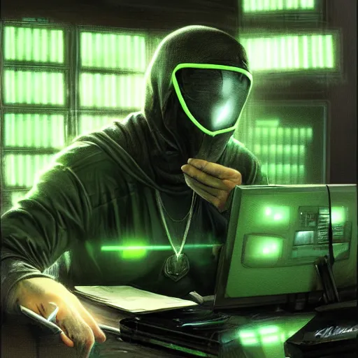 Prompt: a hacker sitting at his computer with green glare by raymond swanland, highly detailed